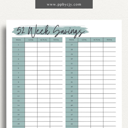 52 Week Saving Chart Printable Template – Digital Download for Tracking Weekly Savings Goals