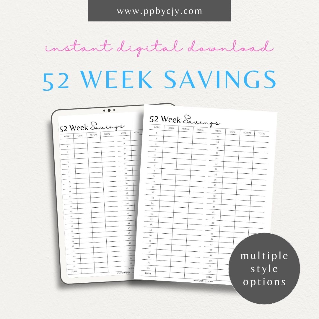 52 Week Saving Chart Printable Template – Digital Download for Tracking Weekly Savings Goals