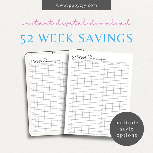 52 Week Saving Chart Printable Template – Digital Download for Tracking Weekly Savings Goals