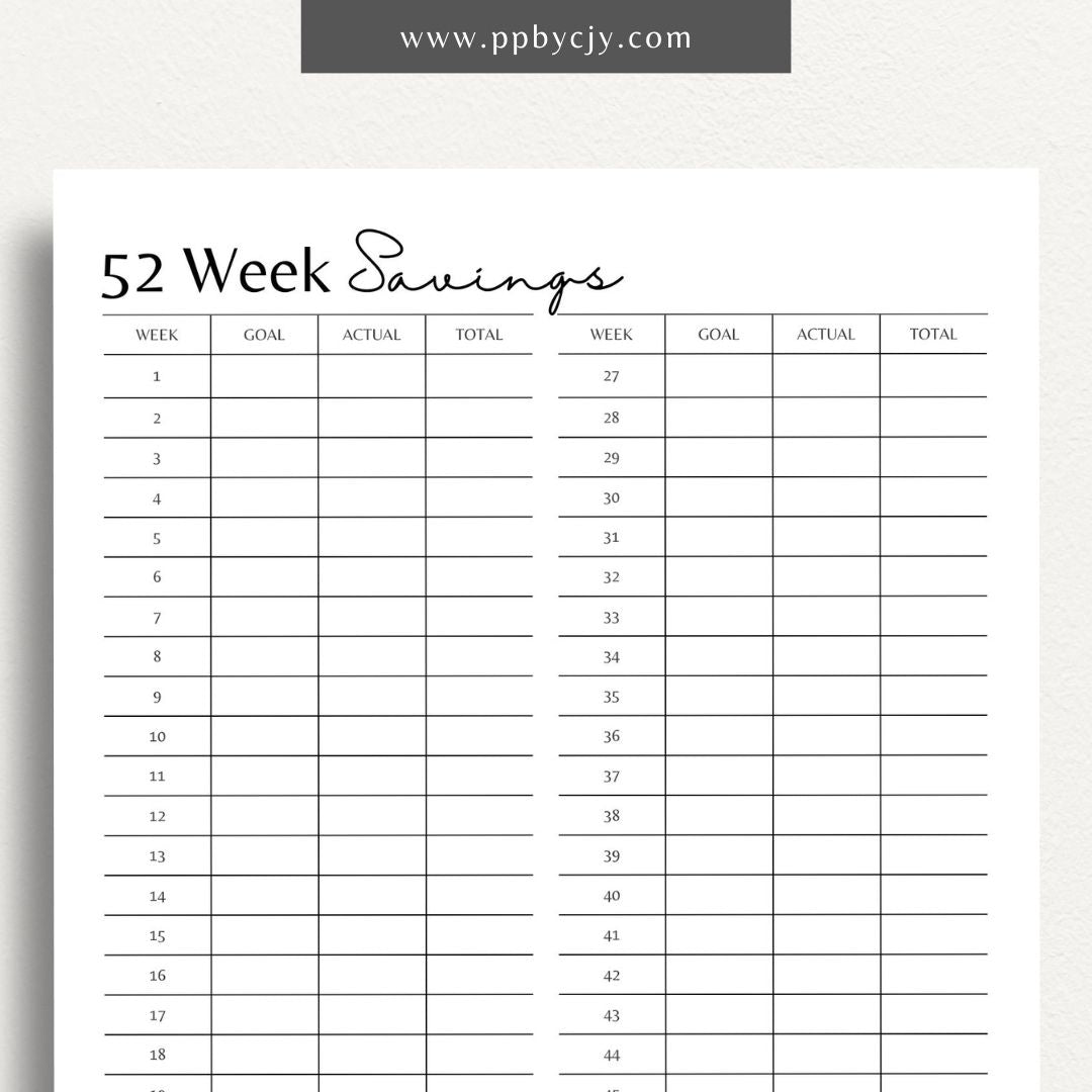 52 Week Saving Chart Printable Template – Digital Download for Tracking Weekly Savings Goals