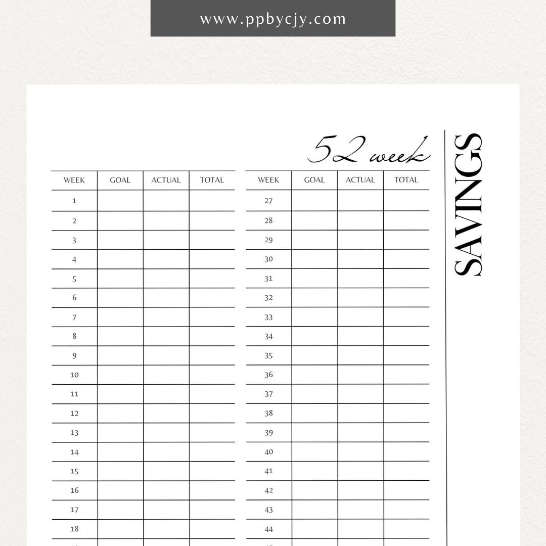 52 Week Saving Chart Printable Template – Digital Download for Tracking Weekly Savings Goals