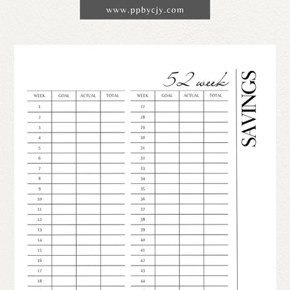 52 Week Saving Chart Printable Template – Digital Download for Tracking Weekly Savings Goals