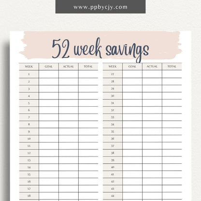 52 Week Saving Chart Printable Template – Digital Download for Tracking Weekly Savings Goals