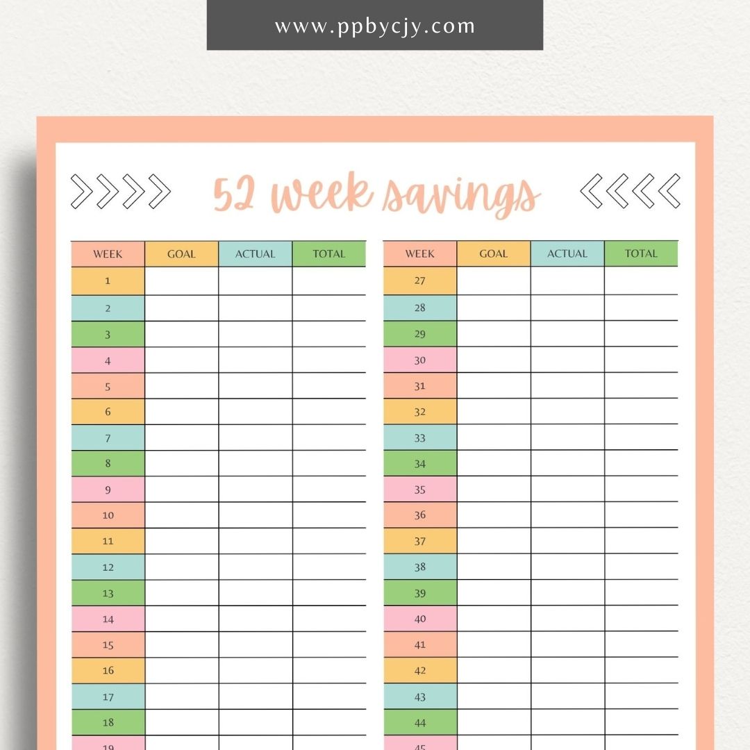 52 Week Saving Chart Printable Template – Digital Download for Tracking Weekly Savings Goals