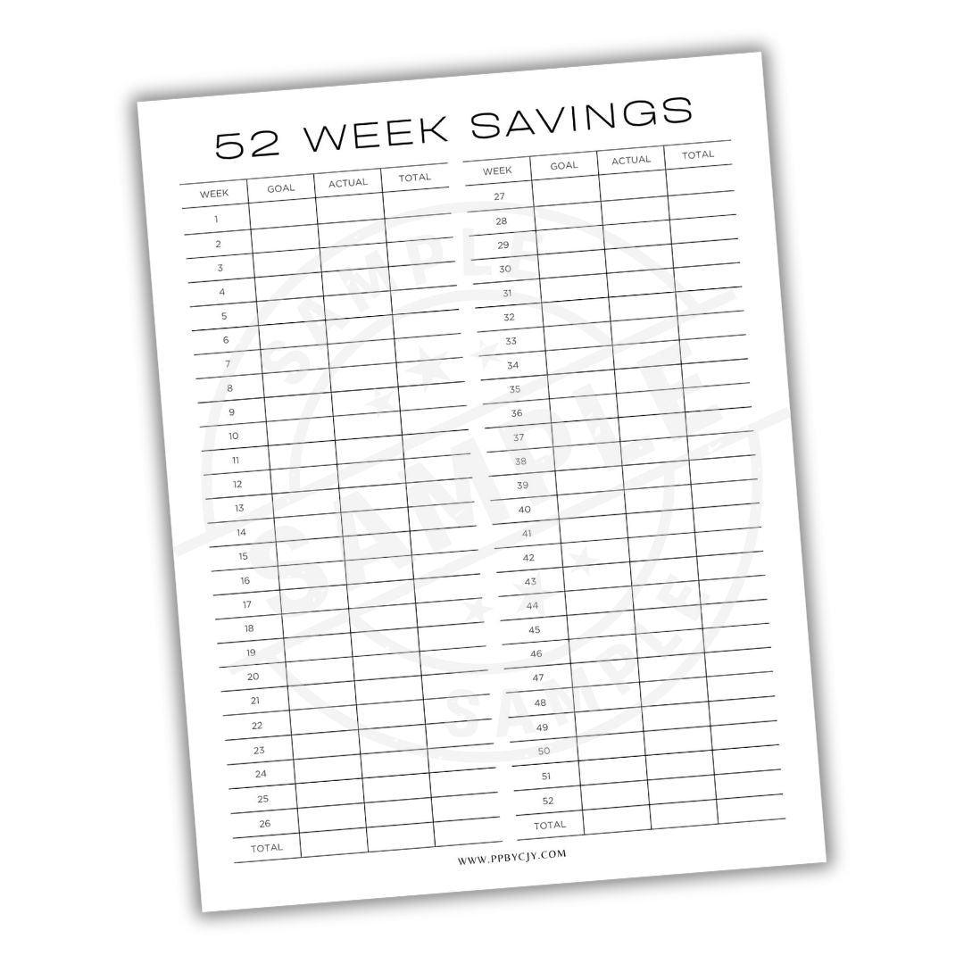 52 Week Savings tracker sheet on a white background