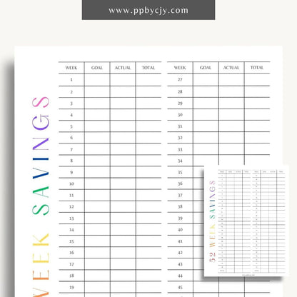 52 Week Saving Chart Printable Template – Digital Download for Tracking Weekly Savings Goals