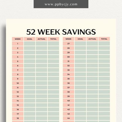 52 Week Saving Chart Printable Template – Digital Download for Tracking Weekly Savings Goals