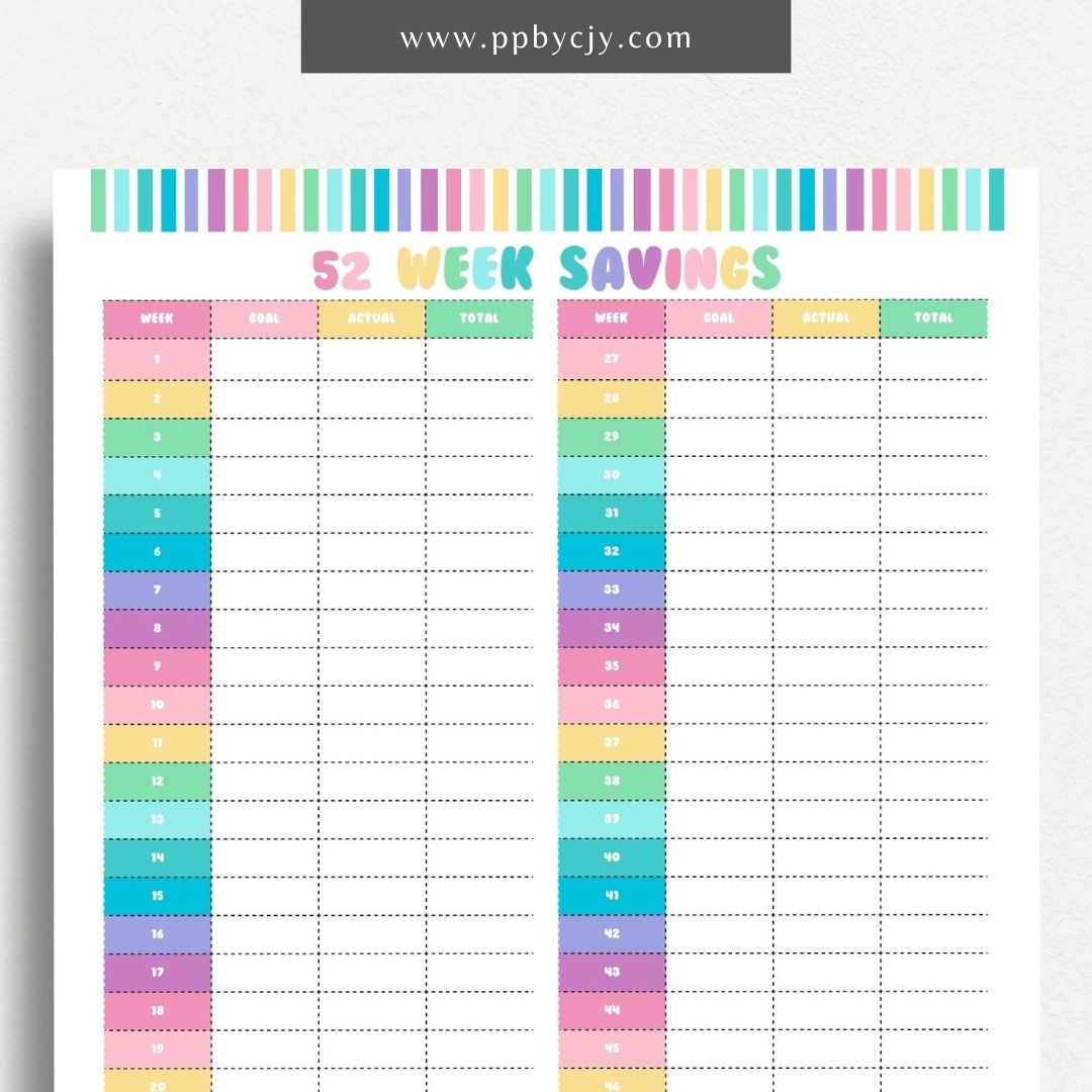 52 Week Saving Chart Printable Template – Digital Download for Tracking Weekly Savings Goals