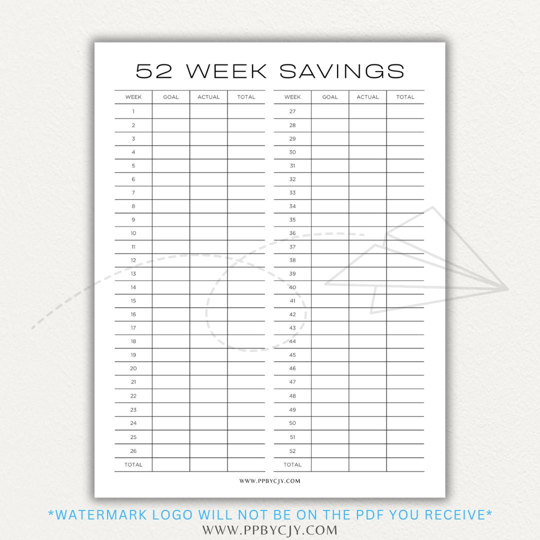 52 Week Savings Chart Printable PDF Template with weekly savings tracker.

