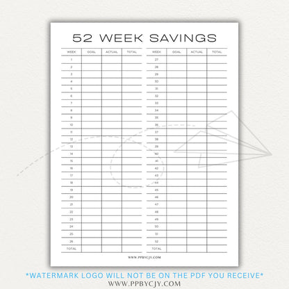 52 Week Savings Chart Printable PDF Template with weekly savings tracker.

