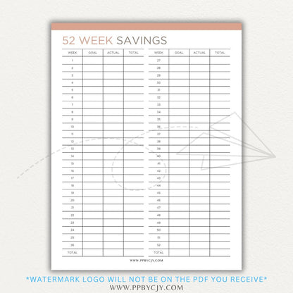 52 Week Savings Chart Printable PDF Template with weekly savings tracker.

