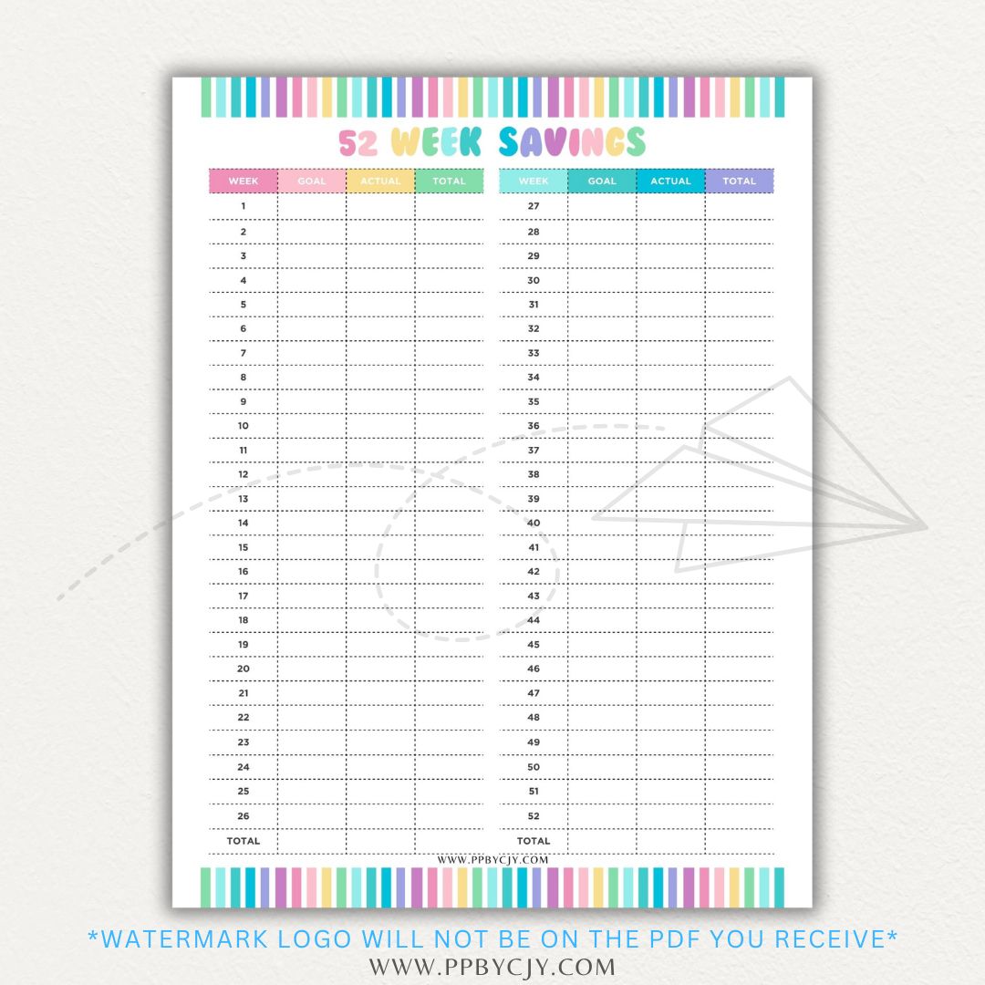 52 Week Savings Chart Printable PDF Template with weekly savings tracker.

