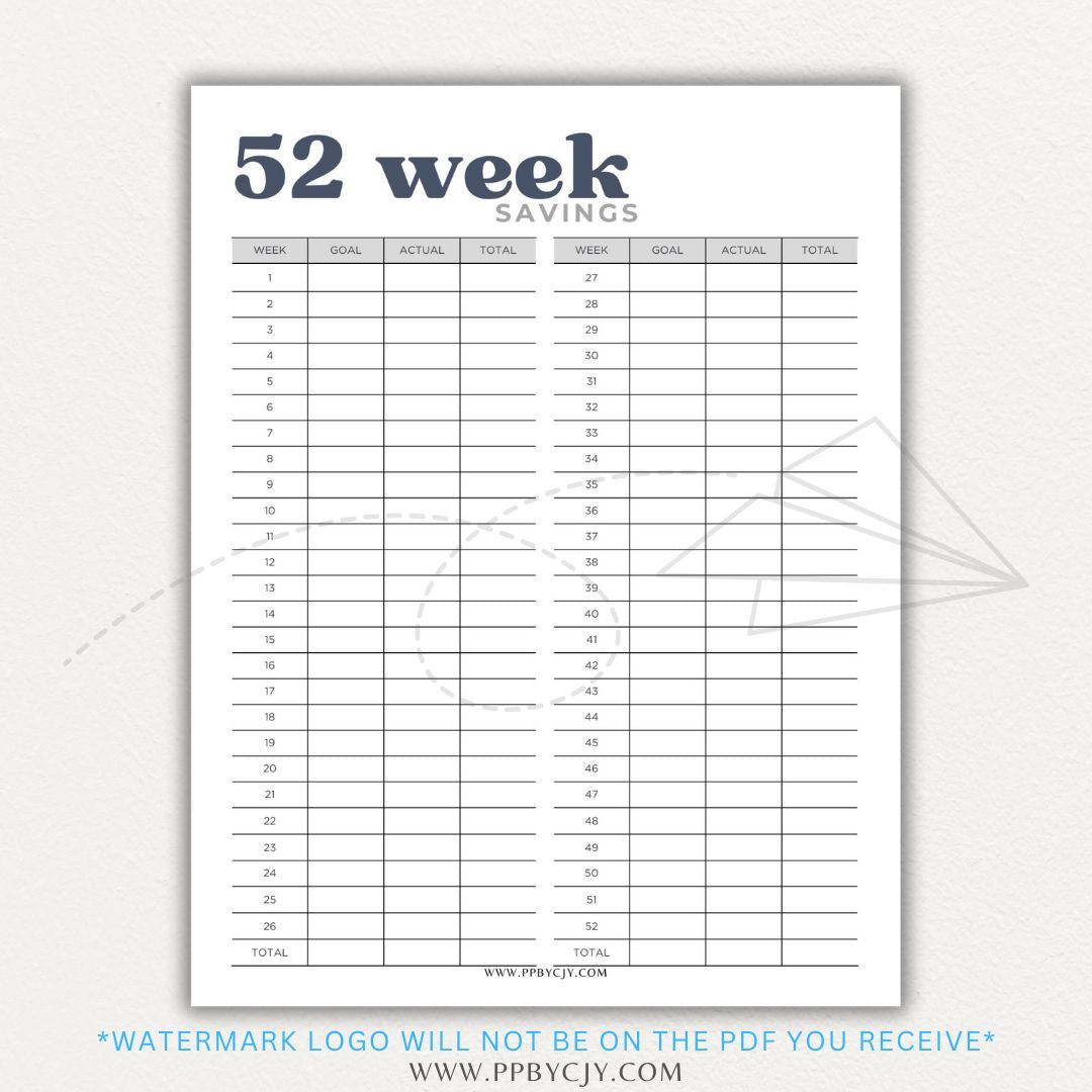 52 Week Savings Chart Printable PDF Template with weekly savings tracker.

