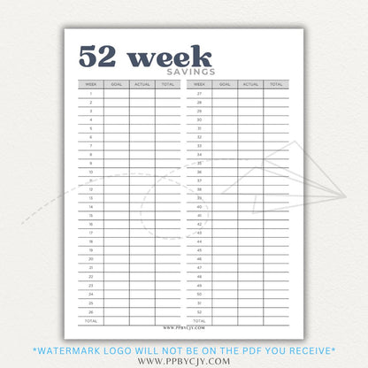 52 Week Savings Chart Printable PDF Template with weekly savings tracker.

