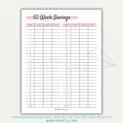 52 Week Savings Chart Printable PDF Template with weekly savings tracker.

