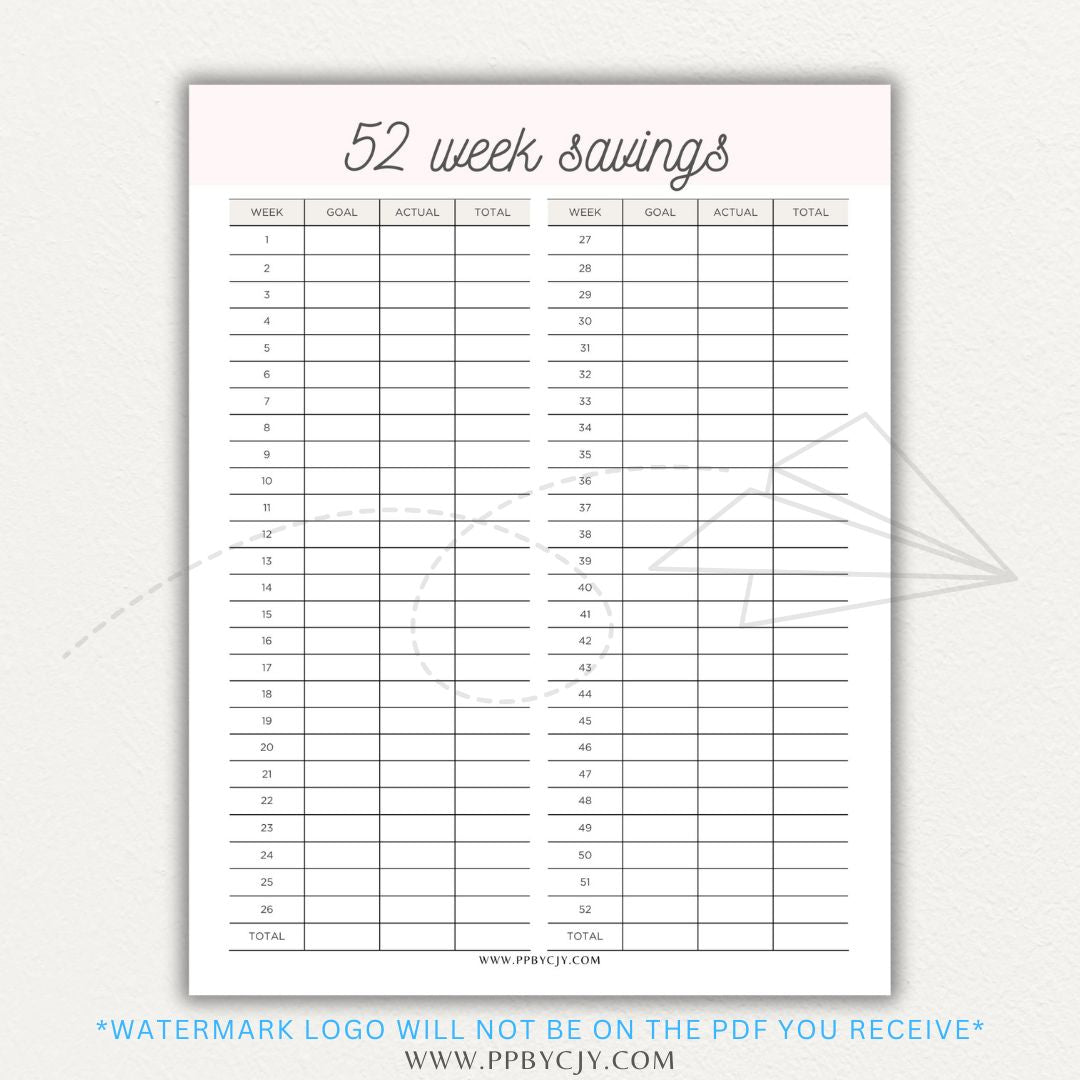 52 Week Savings Chart Printable PDF Template with weekly savings tracker.

