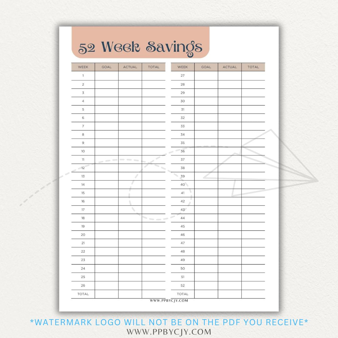 52 Week Savings Chart Printable PDF Template with weekly savings tracker.

