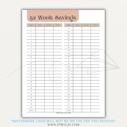 52 Week Savings Chart Printable PDF Template with weekly savings tracker.

