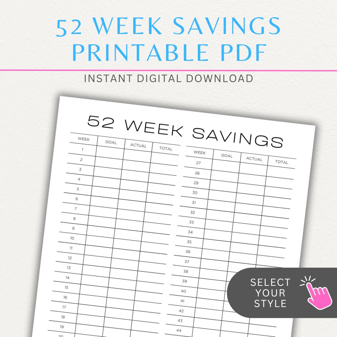 52 Week Savings Chart Printable PDF Template with weekly savings tracker.

