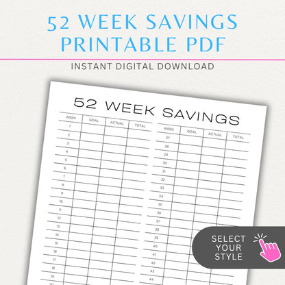 52 Week Savings Chart Printable PDF Template with weekly savings tracker.

