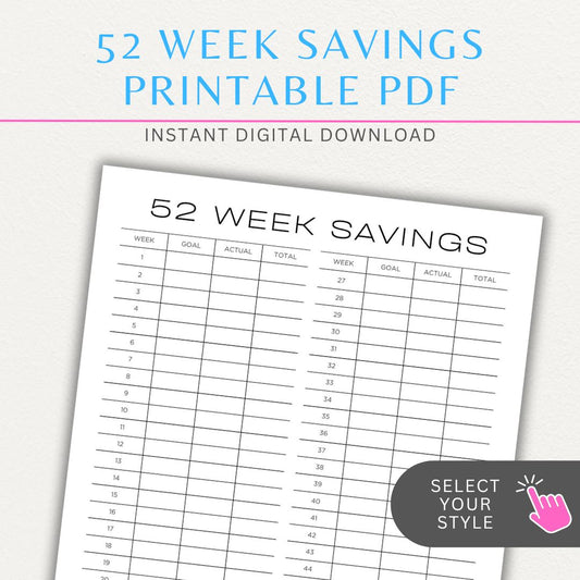 52 Week Savings Chart Printable PDF Template with weekly savings tracker.