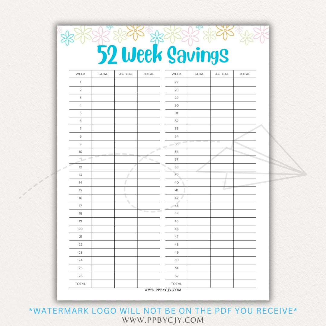 52 Week Savings Chart Printable PDF Template with weekly savings tracker.

