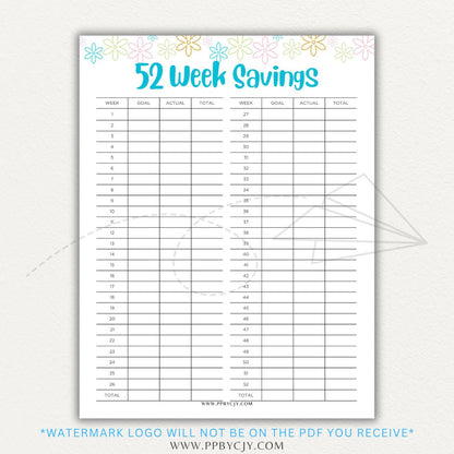 52 Week Savings Chart Printable PDF Template with weekly savings tracker.

