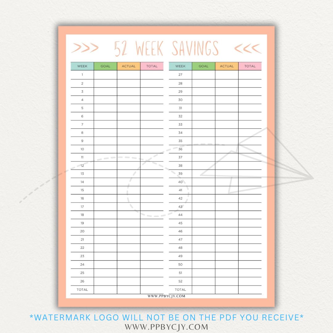 52 Week Savings Chart Printable PDF Template with weekly savings tracker.

