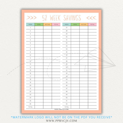 52 Week Savings Chart Printable PDF Template with weekly savings tracker.

