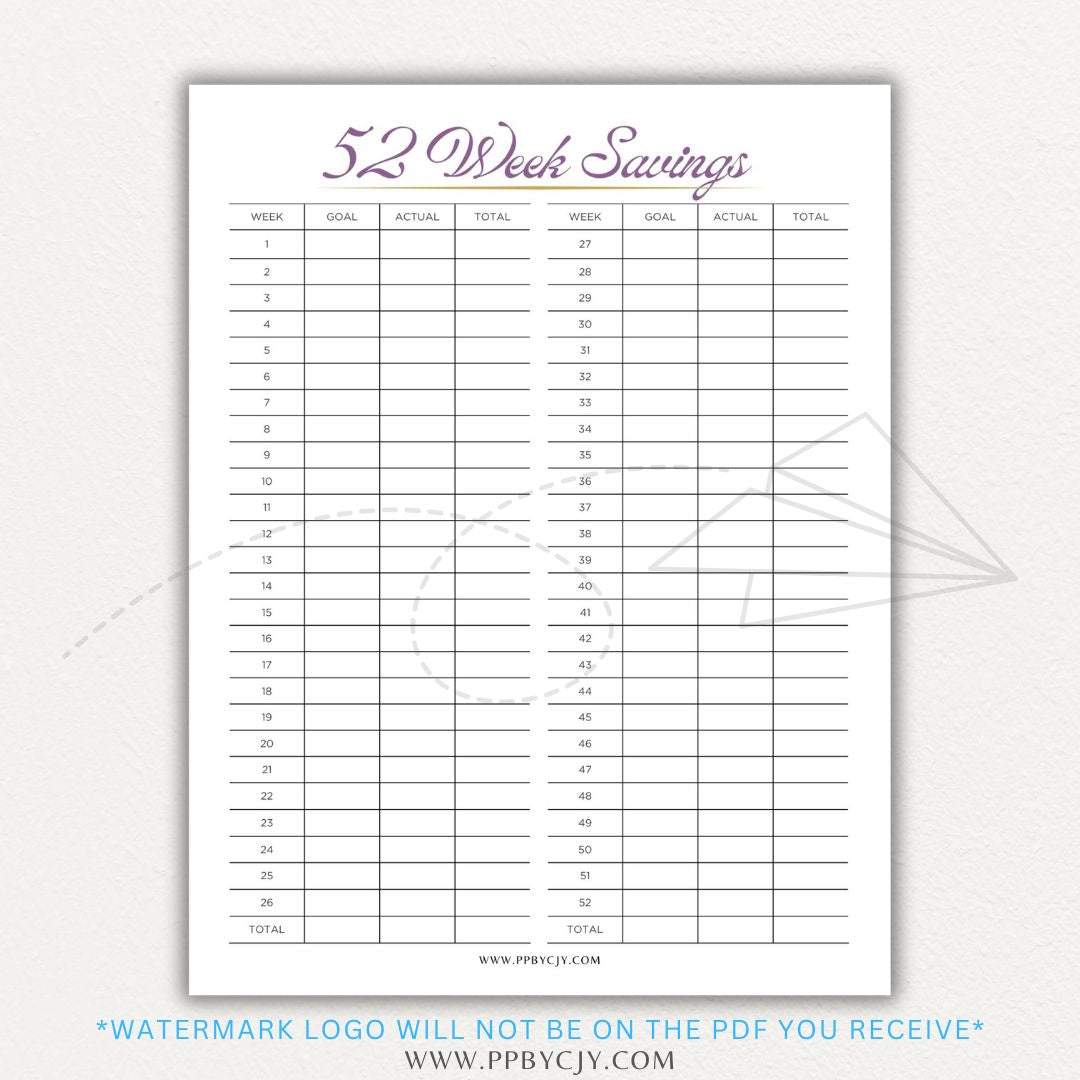 52 Week Savings Chart Printable PDF Template with weekly savings tracker.

