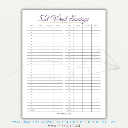 52 Week Savings Chart Printable PDF Template with weekly savings tracker.

