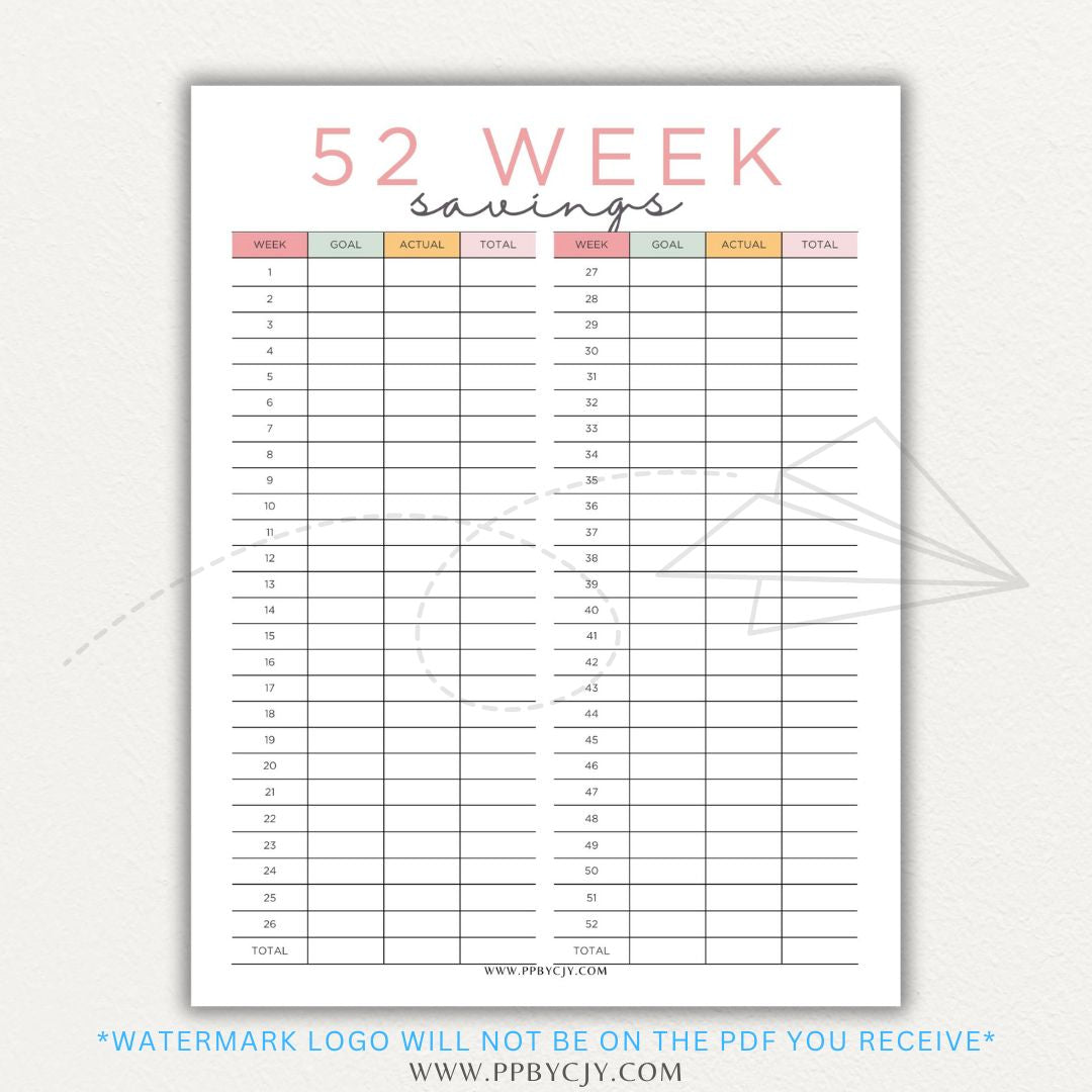 52 Week Savings Chart Printable PDF Template with weekly savings tracker.

