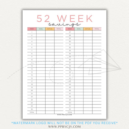 52 Week Savings Chart Printable PDF Template with weekly savings tracker.

