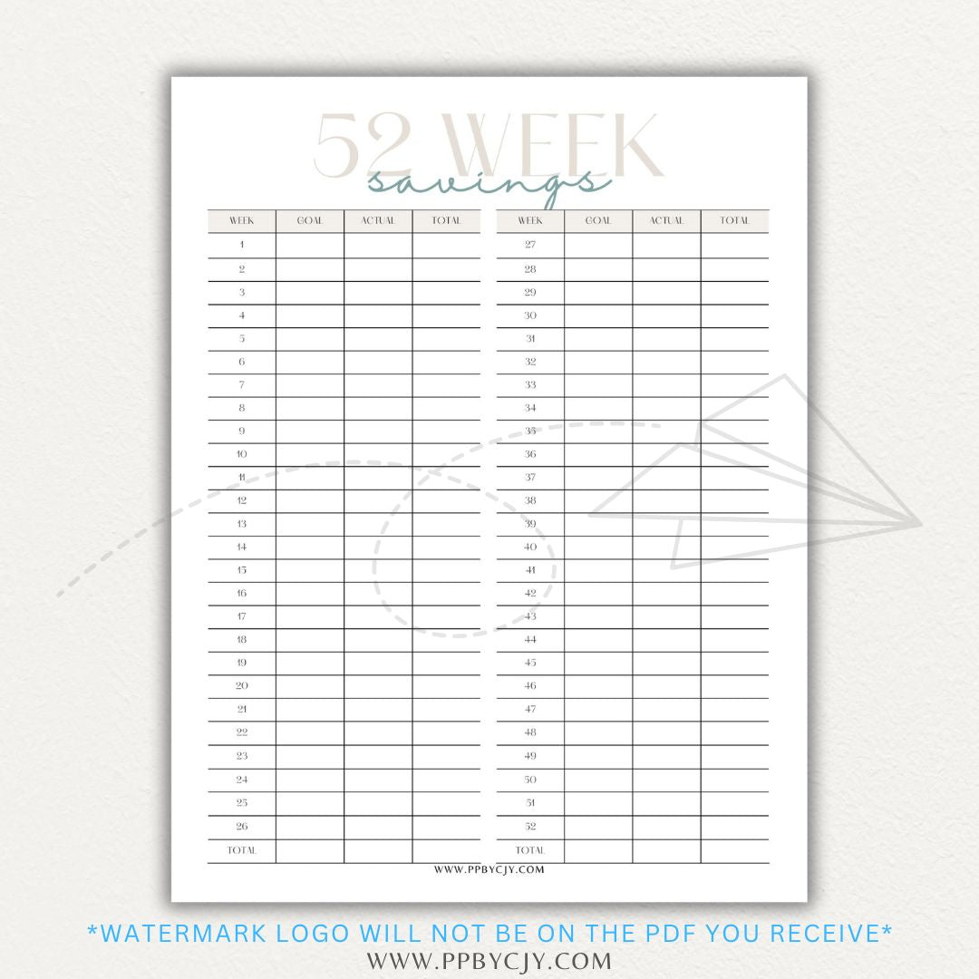 52 Week Savings Chart Printable PDF Template with weekly savings tracker.

