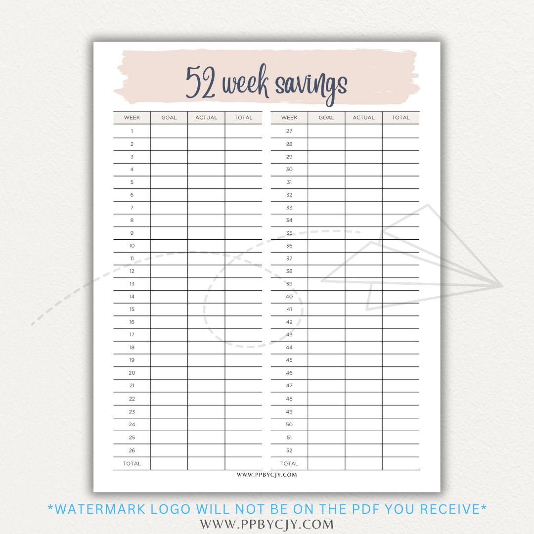 52 Week Savings Chart Printable PDF Template with weekly savings tracker.

