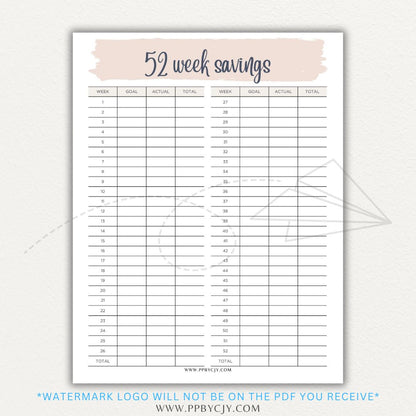 52 Week Savings Chart Printable PDF Template with weekly savings tracker.

