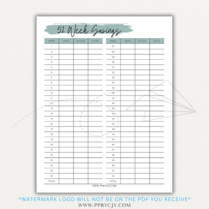 52 Week Savings Chart Printable PDF Template with weekly savings tracker.

