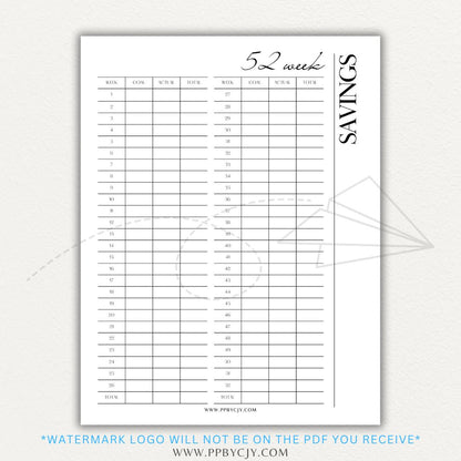 52 Week Savings Chart Printable PDF Template with weekly savings tracker.

