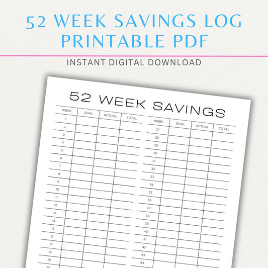 52 Week Savings Chart Printable PDF Template with weekly savings tracker.