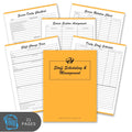 Yellow staff scheduling book with various forms on a white background