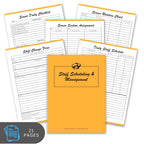 Yellow staff scheduling book with various forms on a white background