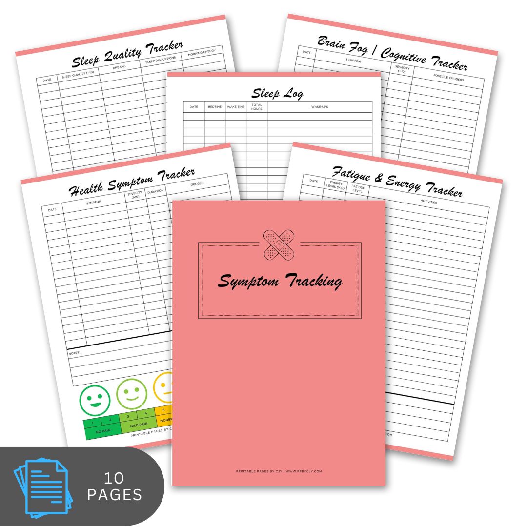 Pink symptom tracking notebook with pages on a white background