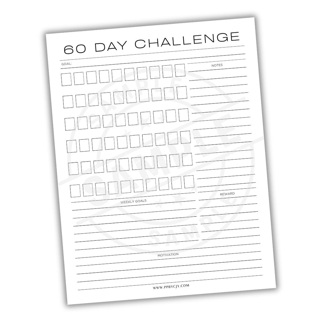 60 Day Challenge worksheet with various sections on a white background