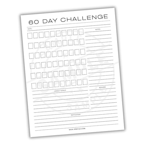60 Day Challenge worksheet with various sections on a white background