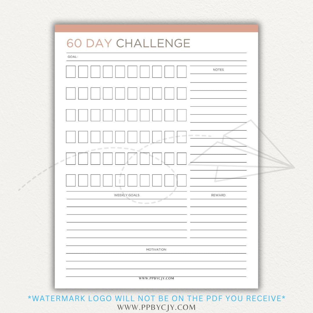 60 Day Goal Challenge Printable Template – Digital Download for Setting and Tracking Goals