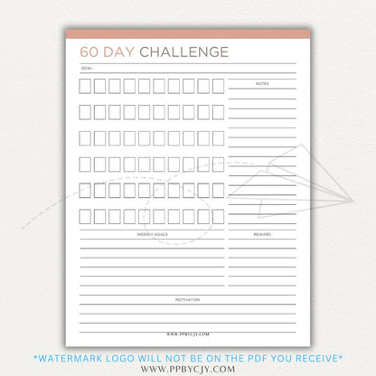 60 Day Goal Challenge Printable Template – Digital Download for Setting and Tracking Goals