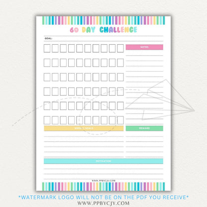 60 Day Goal Challenge Printable Template – Digital Download for Setting and Tracking Goals