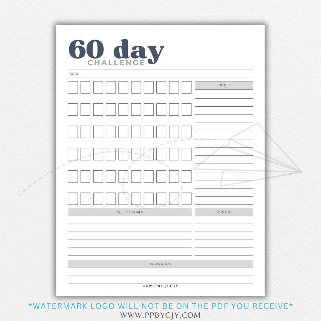 60 Day Goal Challenge Printable Template – Digital Download for Setting and Tracking Goals