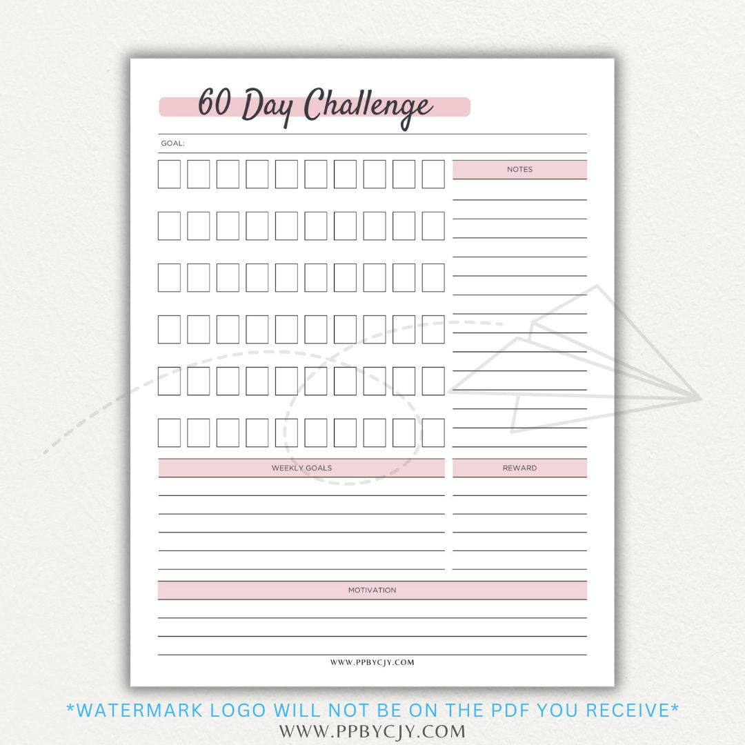 60 Day Goal Challenge Printable Template – Digital Download for Setting and Tracking Goals