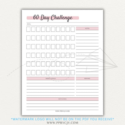 60 Day Goal Challenge Printable Template – Digital Download for Setting and Tracking Goals